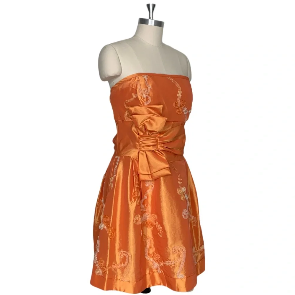 Vintage 80’s Orange Strapless Party Dress Size 14 Large Bow Floral Accent - Picture 2 of 11